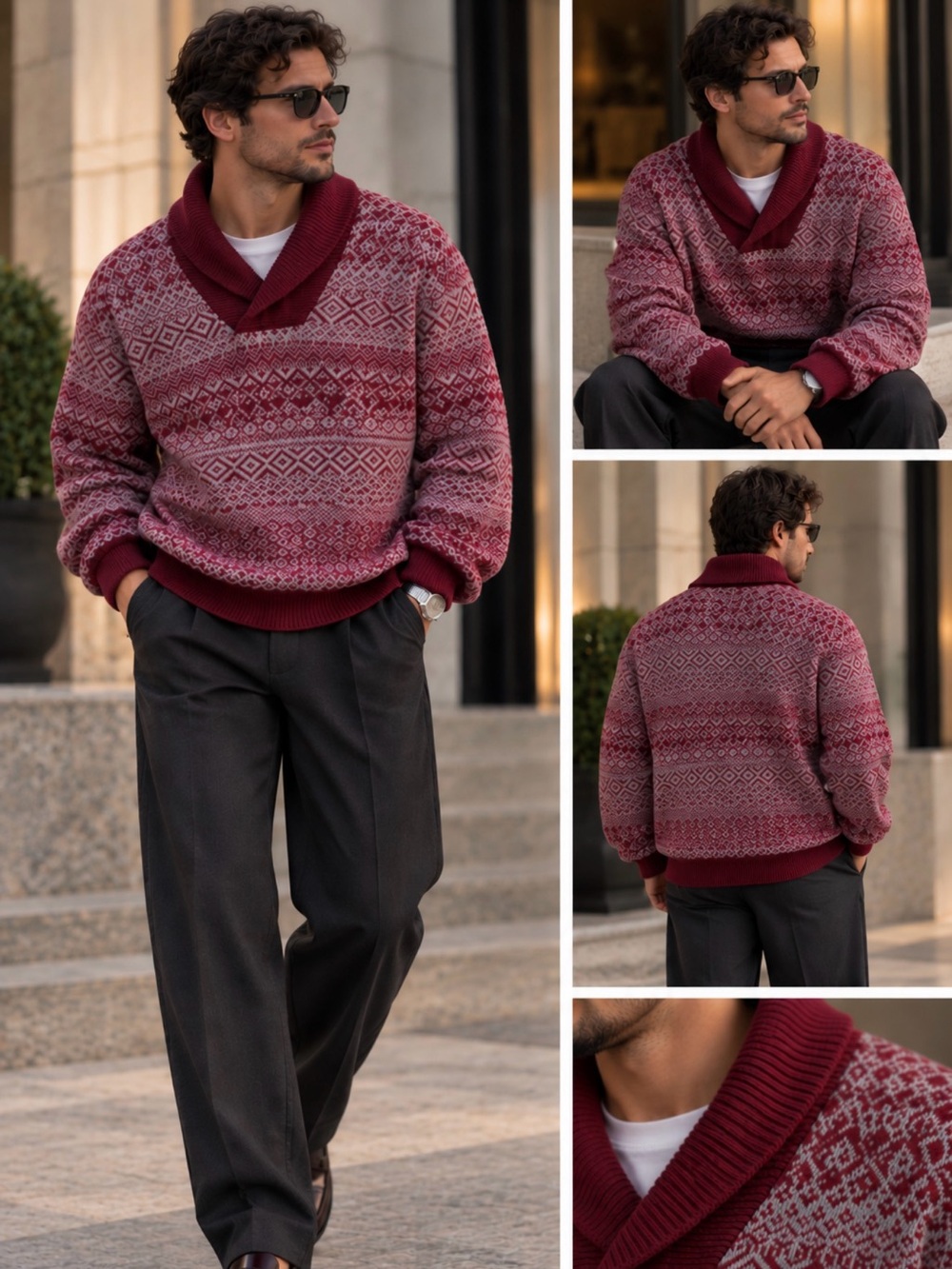 Lacoste men’s Shawl Collar Fair Isle Sweater - Wine and Light Gray